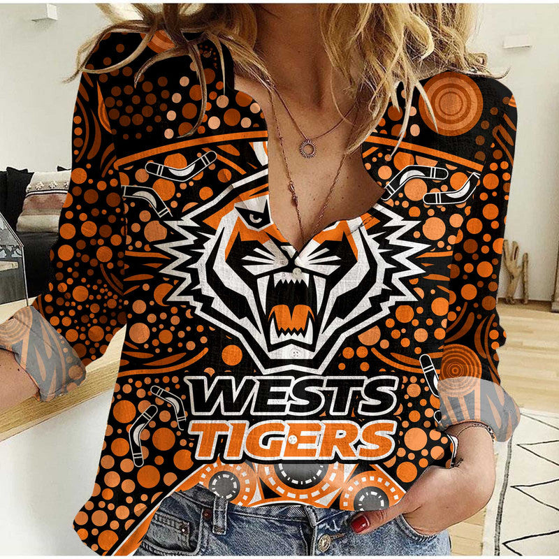 custom-personalised-wests-tigers-rugby-women-casual-shirt-boomerang-indigenous-dots