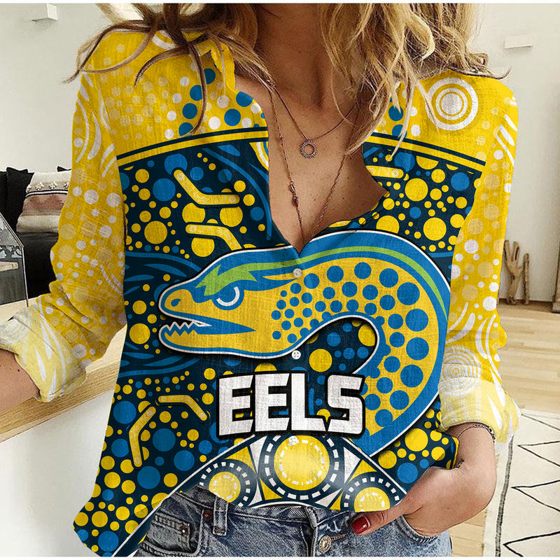 parramatta-eels-rugby-women-casual-shirt-boomerang-indigenous-dots