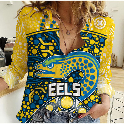 parramatta-eels-rugby-women-casual-shirt-boomerang-indigenous-dots