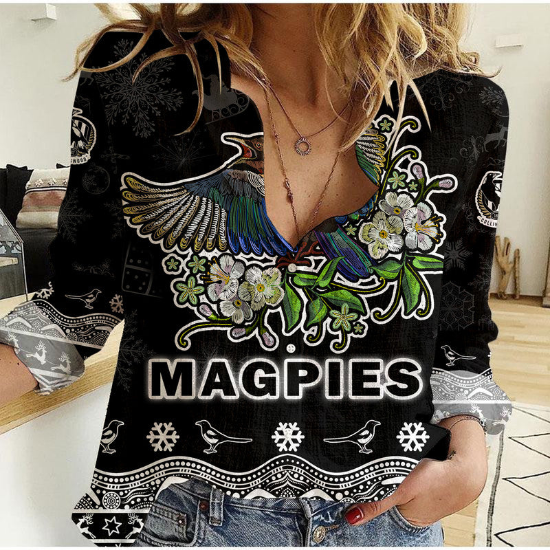 collingwood-pies-unique-winter-season-women-casual-shirt-magpies-merry-christmas