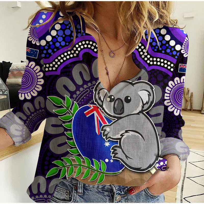 australia-koala-aboriginal-women-casual-shirt-koala-hugging-rugby-ball-purple