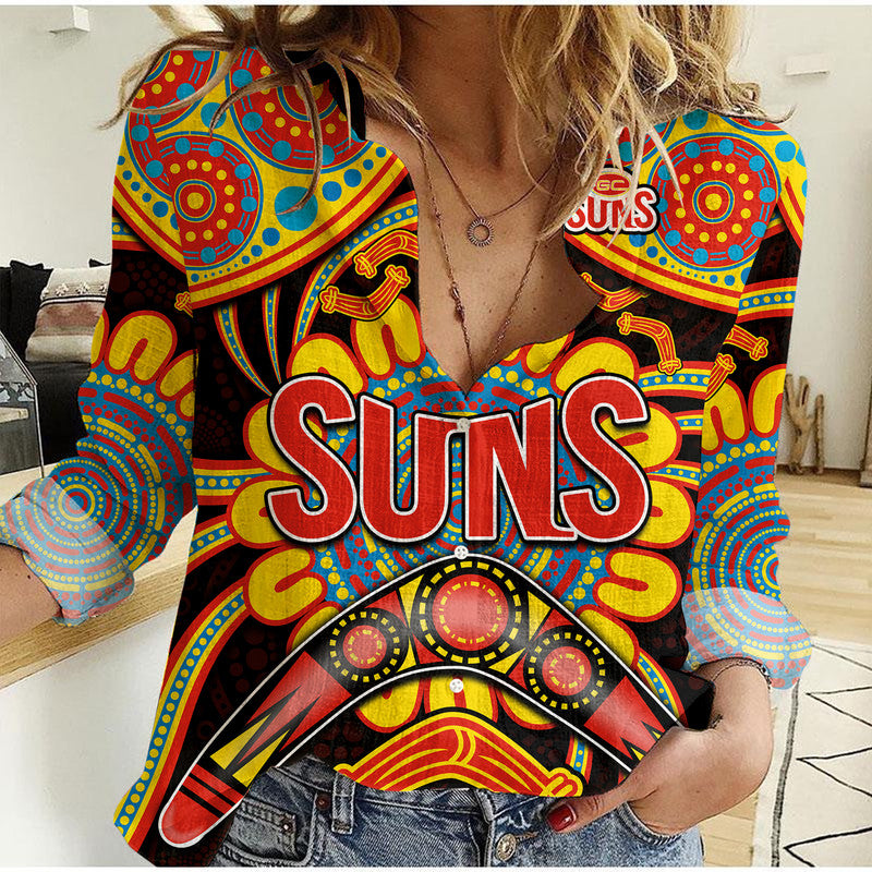 custom-personalised-suns-football-women-casual-shirt-boomerang-indigenous-dots