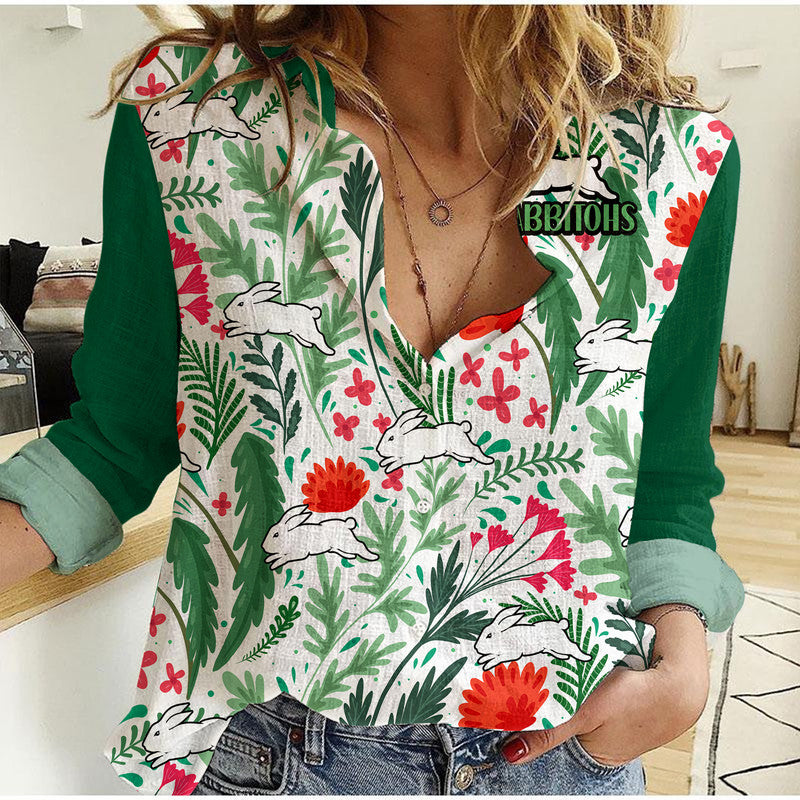 rabbitohs-poppy-flowers-field-women-casual-shirt