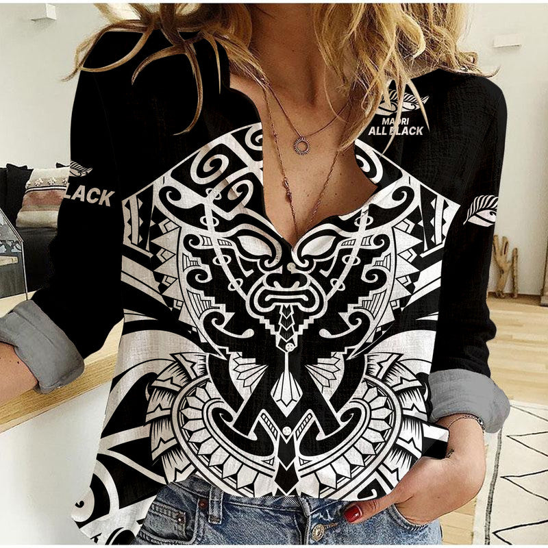 custom-text-and-number-aotearoa-silver-fern-rugby-sevens-women-casual-shirt-maori-tribal-all-black