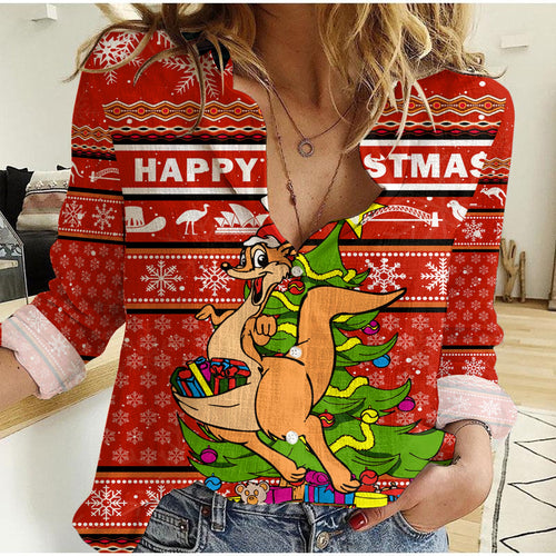 (Custom Personalised) Australia Christmas Kangaroo Aboriginal Pattern Women Casual Shirt - LT2