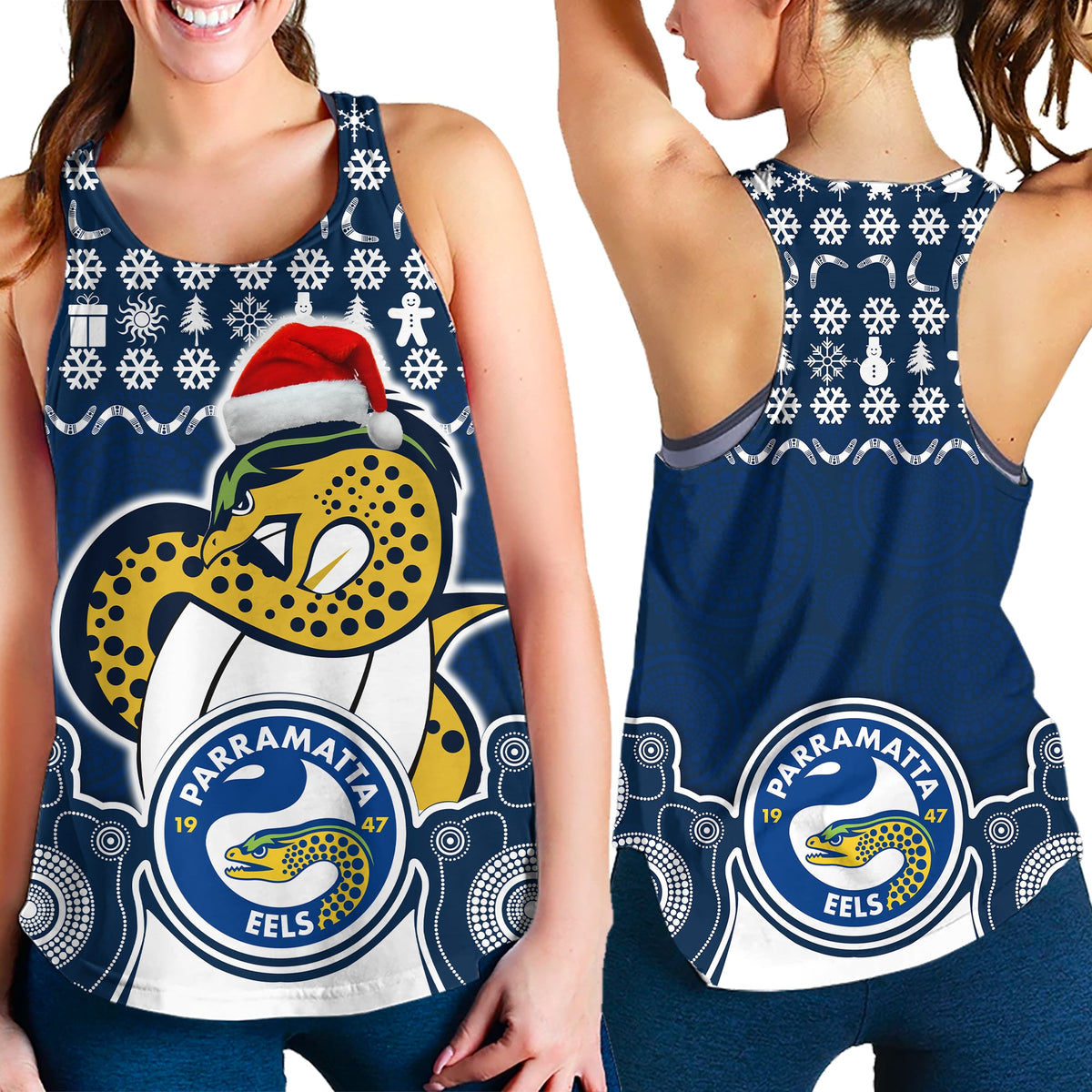 parramatta-eels-christmas-vibe-with-aboriginal-dot-panting-style-women-racerback-tank