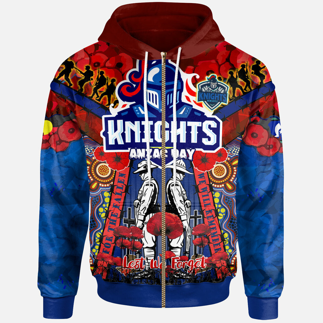 knights-rugby-anzac-custom-watercolour-hoodie-remembrance-indigenous-newcastle-knights-with-poppy-flower