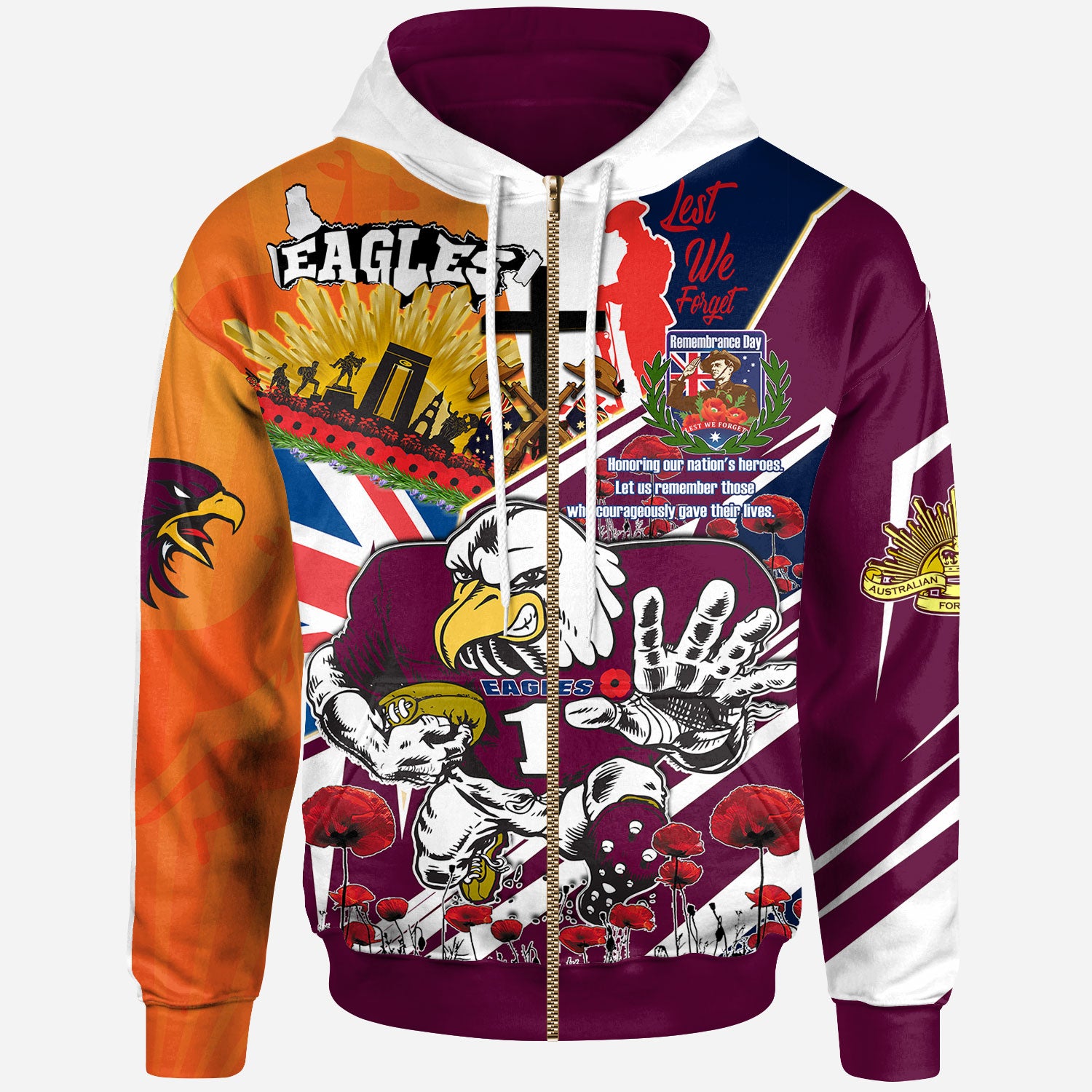 sea-eagles-rugby-hoodie-custom-remembrance-eagles-anzac-quote-with-poppy-and-rosemary-hoodie