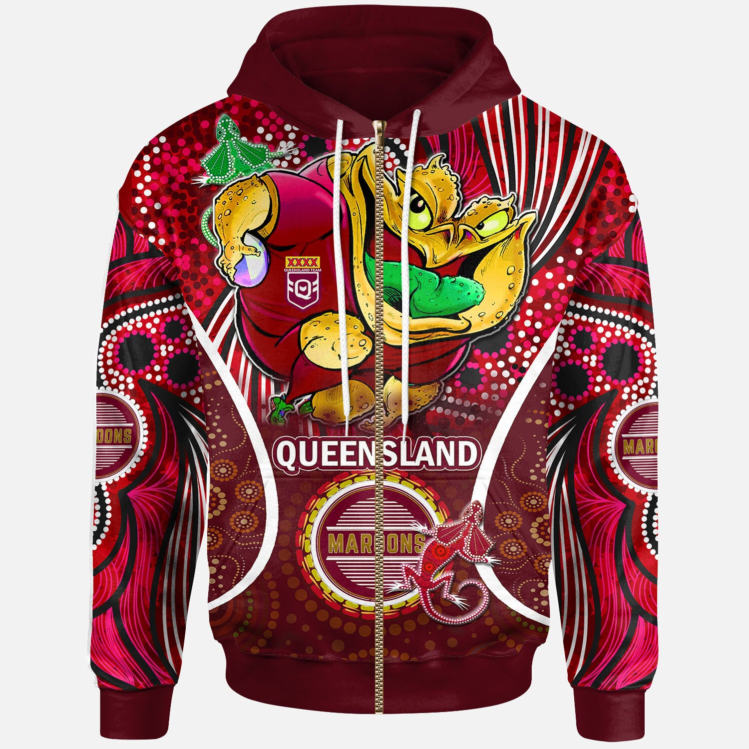queensland-rugby-league-team-hoodie-custom-qld-maroons-cane-toads-with-aboriginal-art-personalised-player-and-number-hoodie