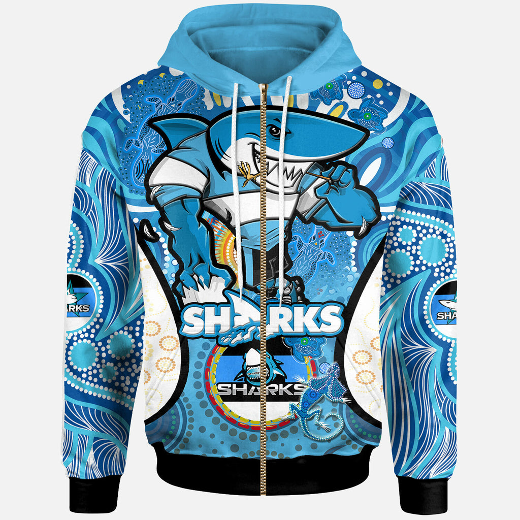 sharks-rugby-hoodie-custom-sharkies-mascot-with-aboriginal-art-personalised-player-and-number-hoodie