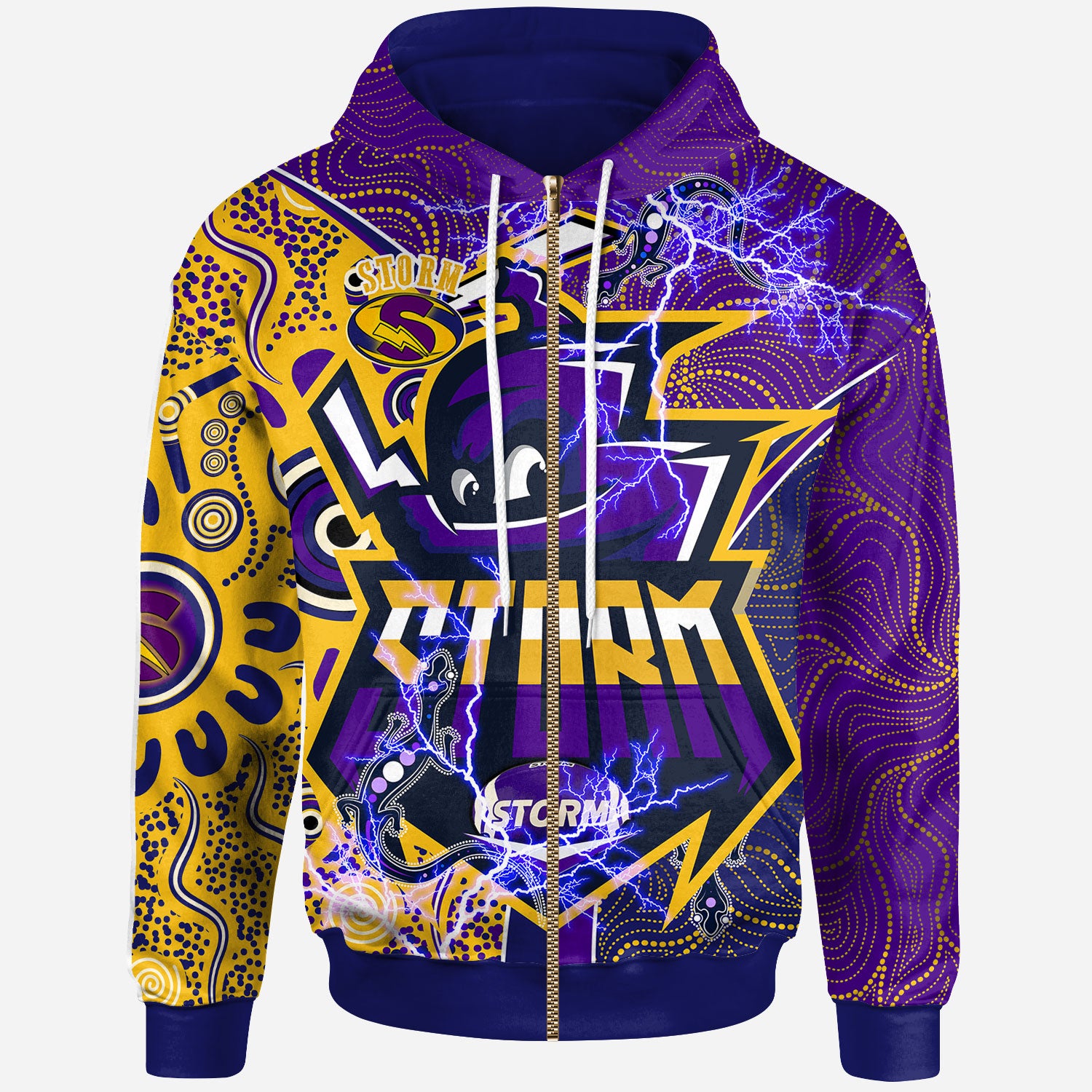 storm-rugby-aboriginal-hoodie-custom-melbourne-storm-mascot-with-aussie-lizards-and-rugby-ball-hoodie