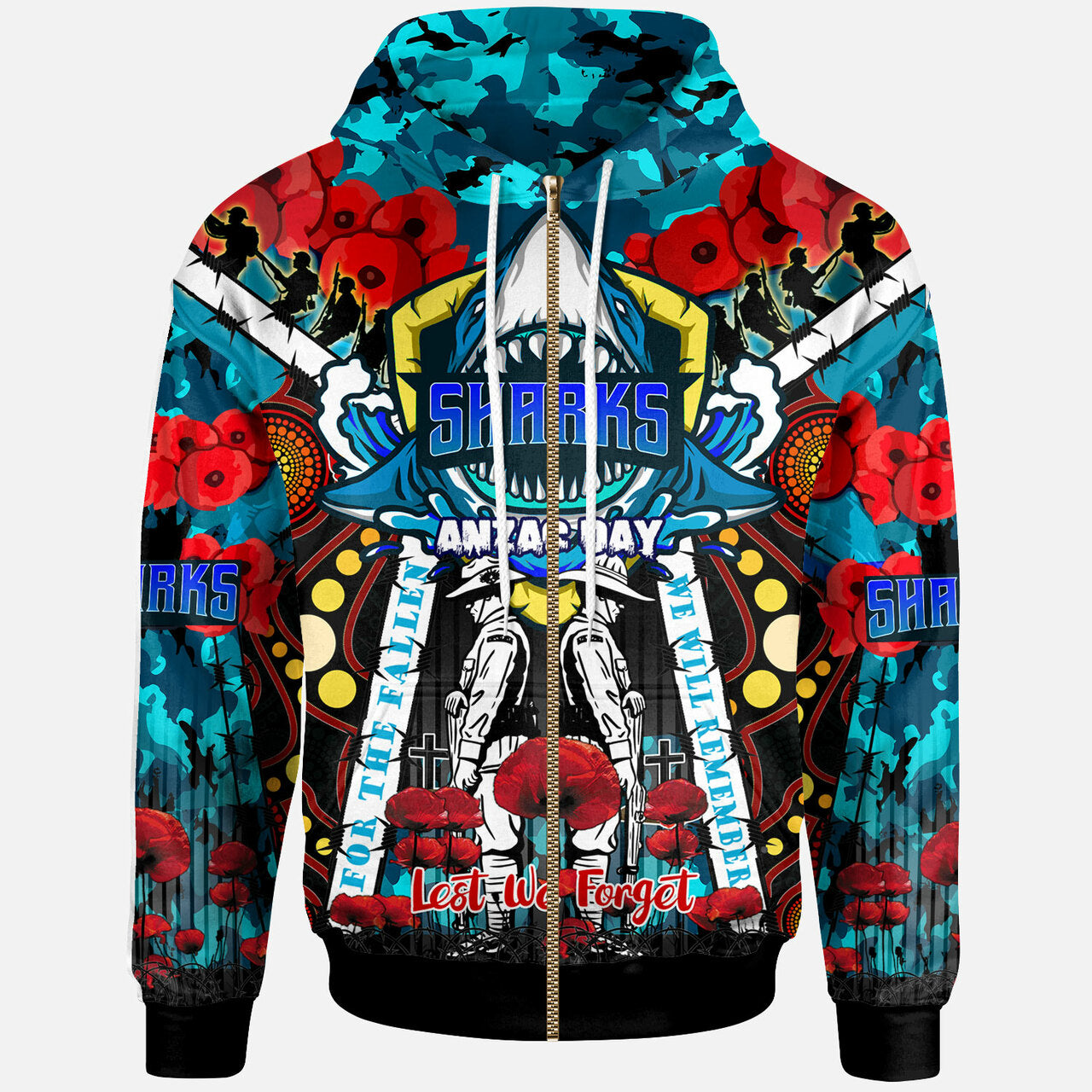 sharks-rugby-anzac-day-watercolour-custom-hoodie-remembrance-cronulla-sutherland-sharks-with-poppy-flower