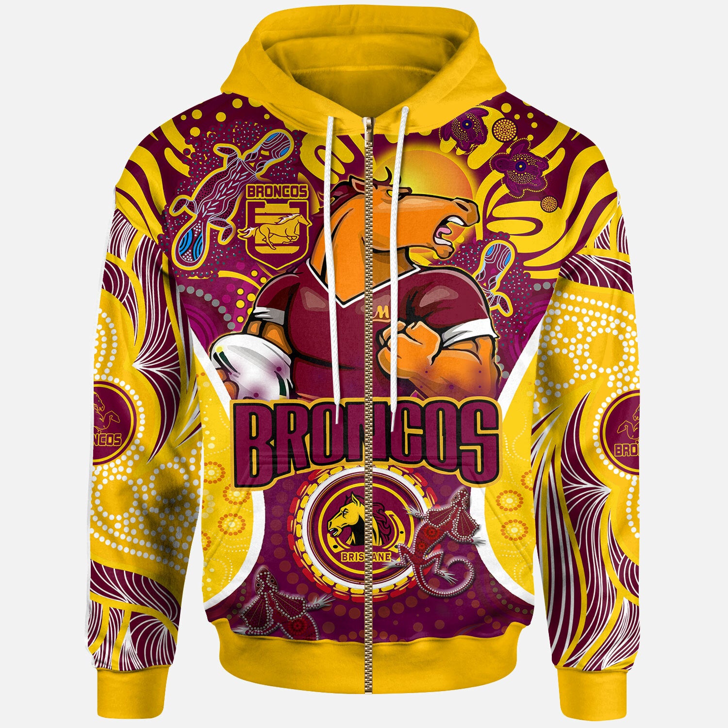 brisbane-broncos-rugby-hoodie-custom-brisbane-broncos-mascot-with-aboriginal-art-personalised-player-and-number-hoodie