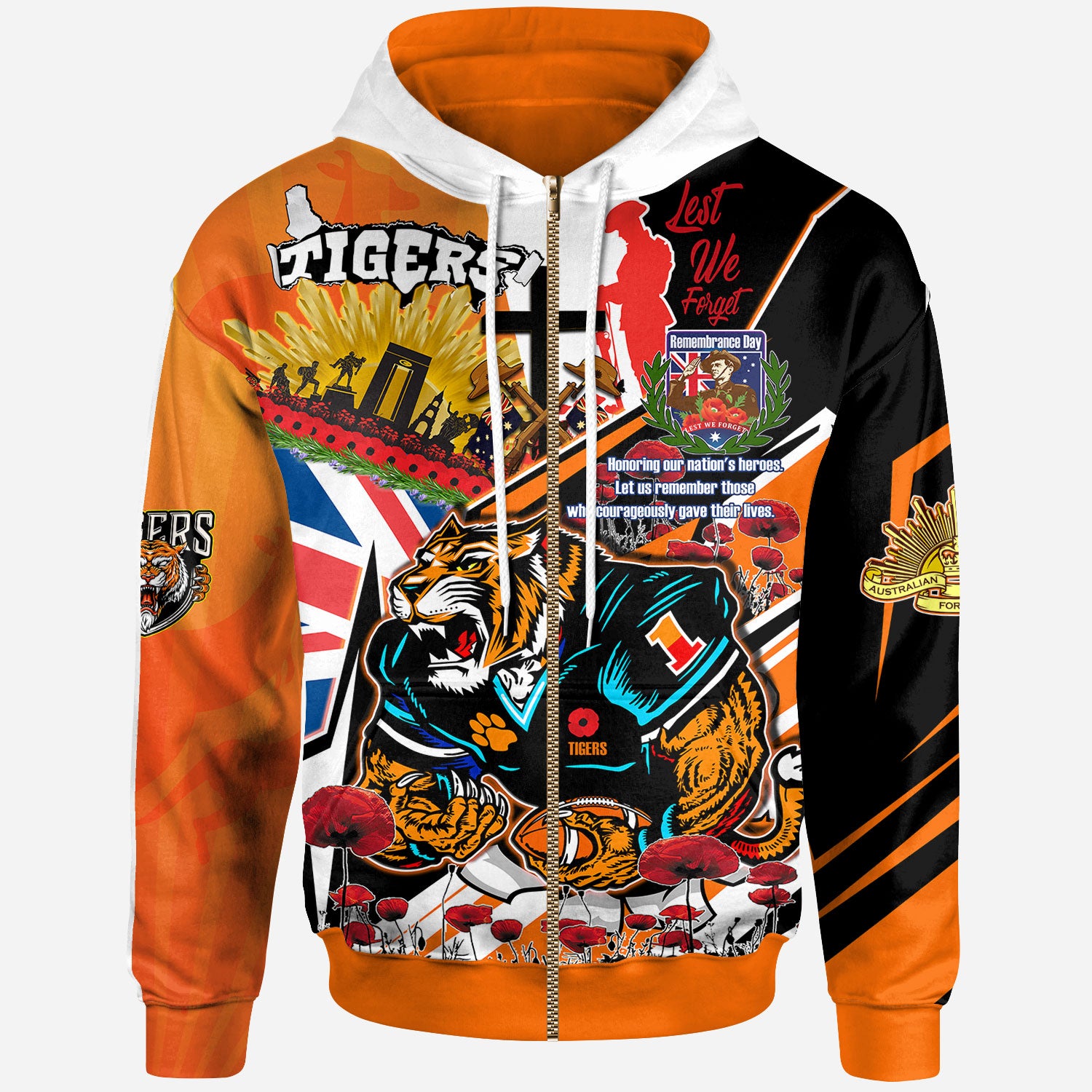 tigers-rugby-hoodie-custom-remembrance-tigers-anzac-quote-with-poppy-and-rosemary-hoodie