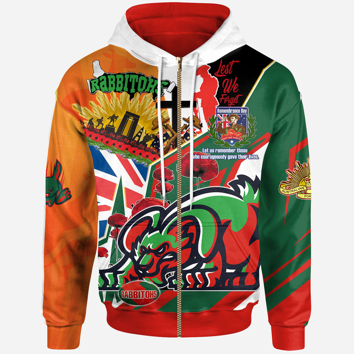 rabbitohs-rugby-hoodie-custom-remembrance-rabbitohs-anzac-quote-with-poppy-and-rosemary-hoodie