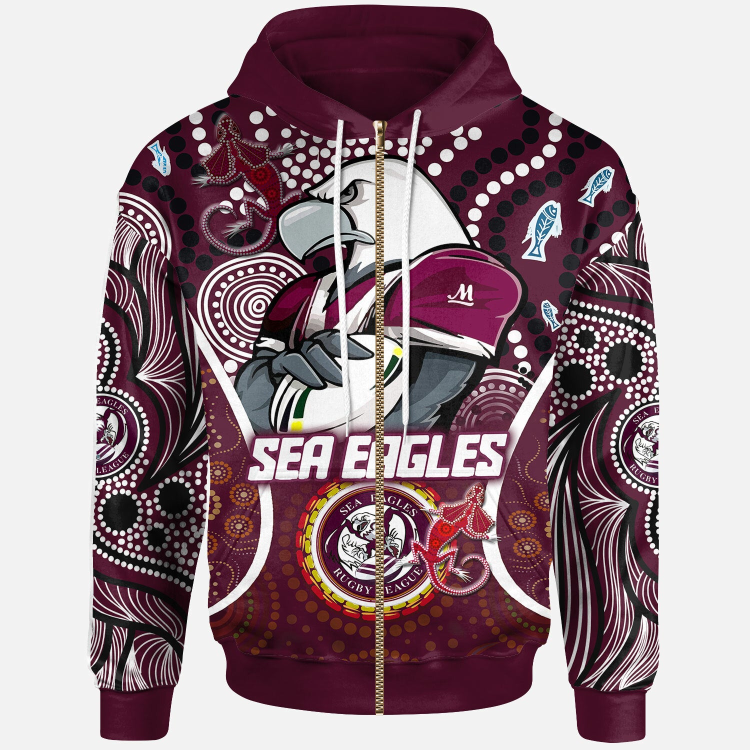 sea-eagles-rugby-hoodie-custom-manly-sea-eagles-mascot-with-aboriginal-art-personalised-player-and-number-hoodie