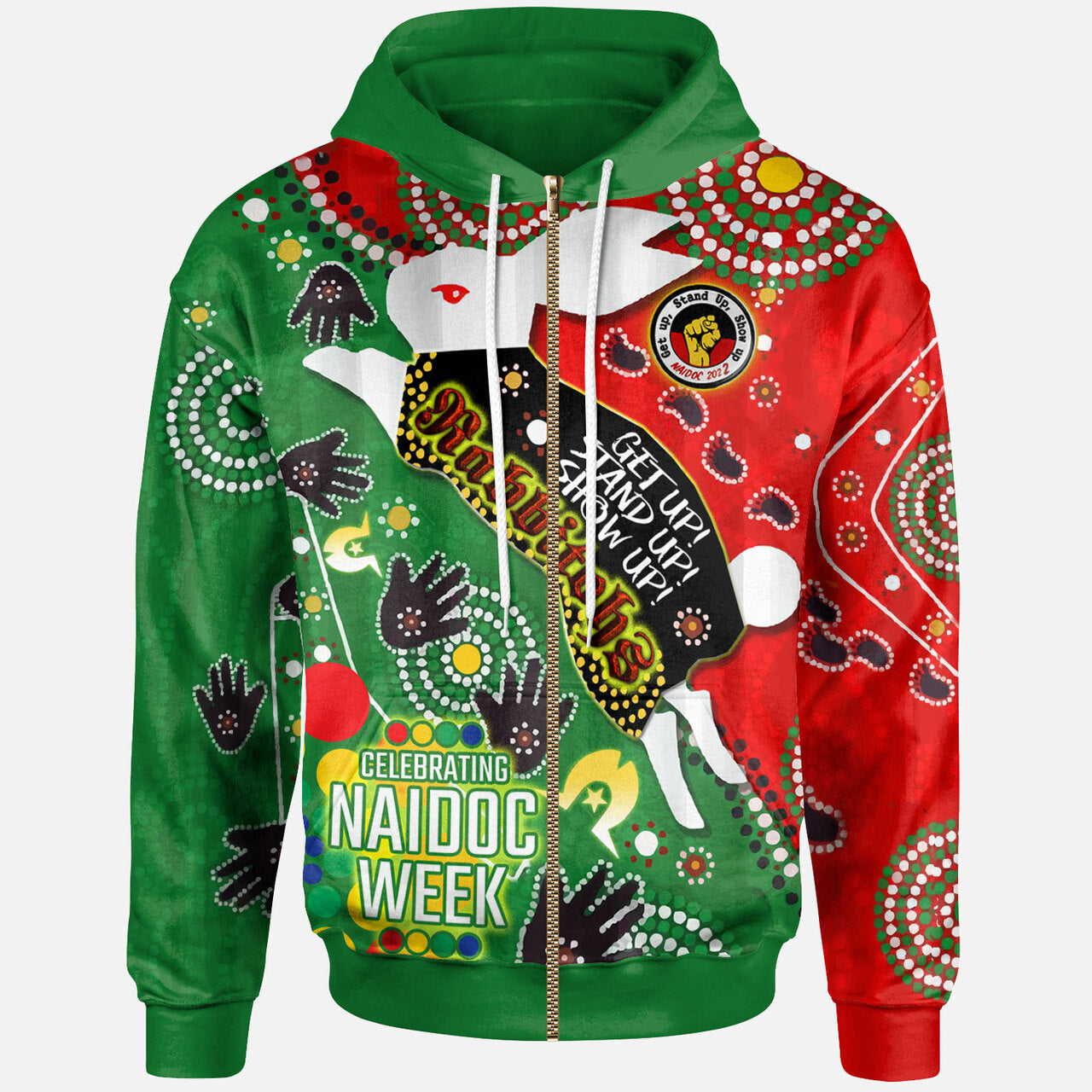 rabbitohs-rugby-naidoc-week-custom-watercolour-dot-painting-hoodie-rabbitohs-getting-up-standing-up-showing-up