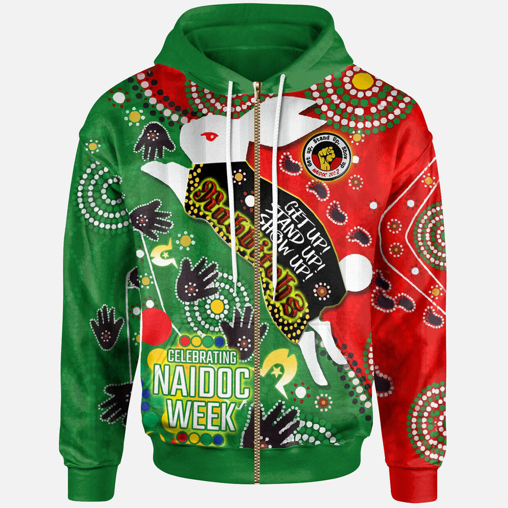 rabbitohs-rugby-naidoc-week-custom-watercolour-dot-painting-hoodie-rabbitohs-getting-up-standing-up-showing-up