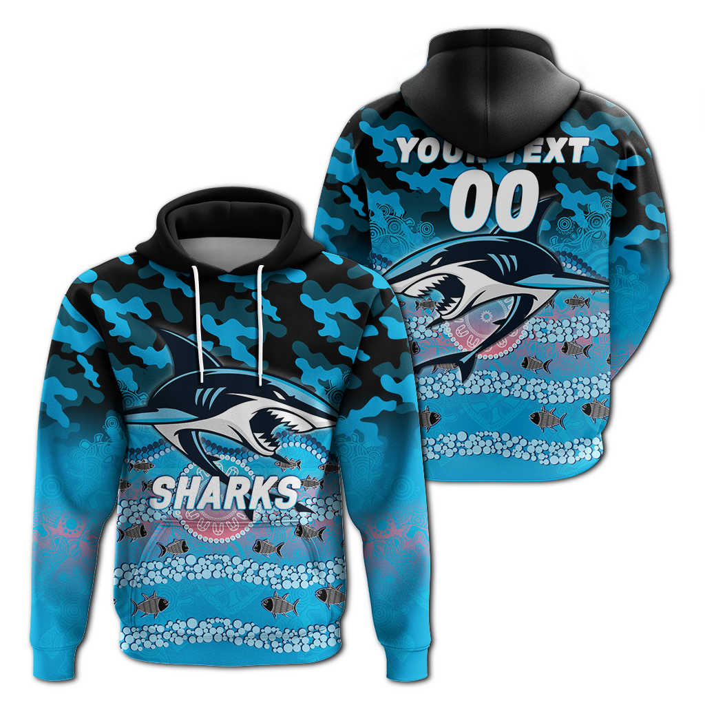 (Custom Personalised) Sharks Rugby ANZAC Day Camouflage Indigenous Art Hoodie - LT12