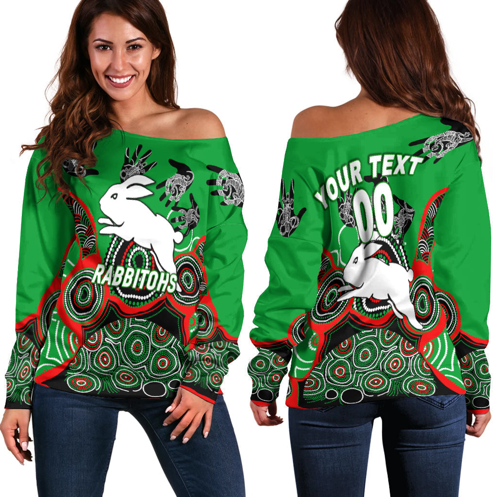 (Custom Personalised) Rabbitohs Rugby Aboriginal Art Women Off Shoulder Sweater - LT12