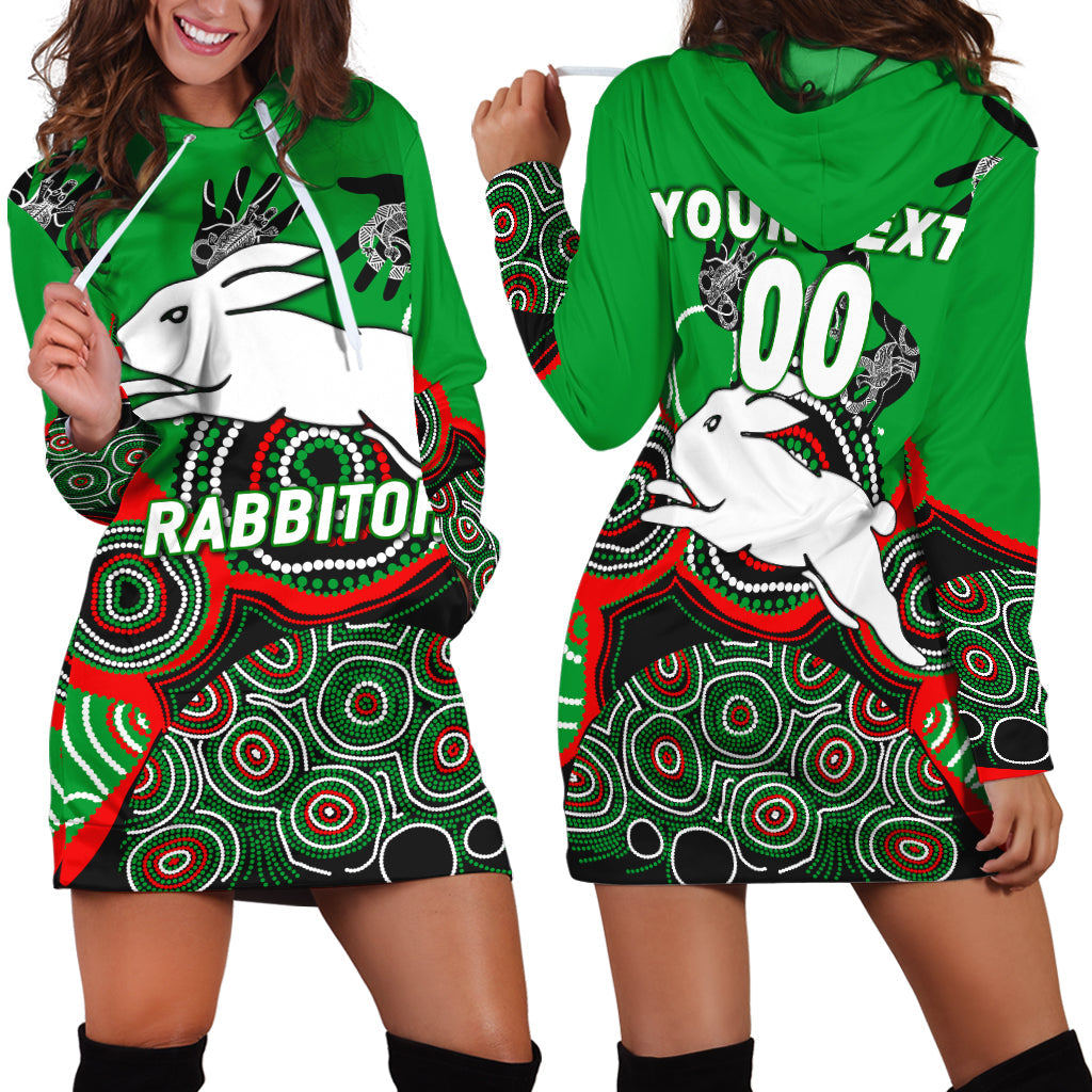 (Custom Personalised) Rabbitohs Rugby Aboriginal Art Hoodie Dress - LT12