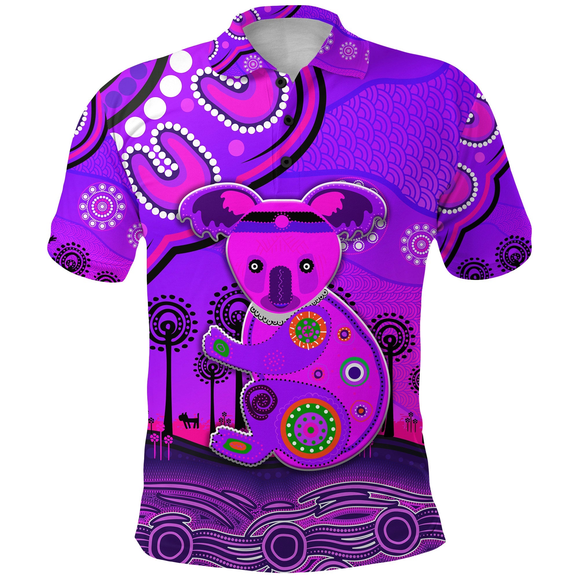 custom-personalised-aboriginal-art-koala-polo-shirt-indigenous-unique-vibes-purple