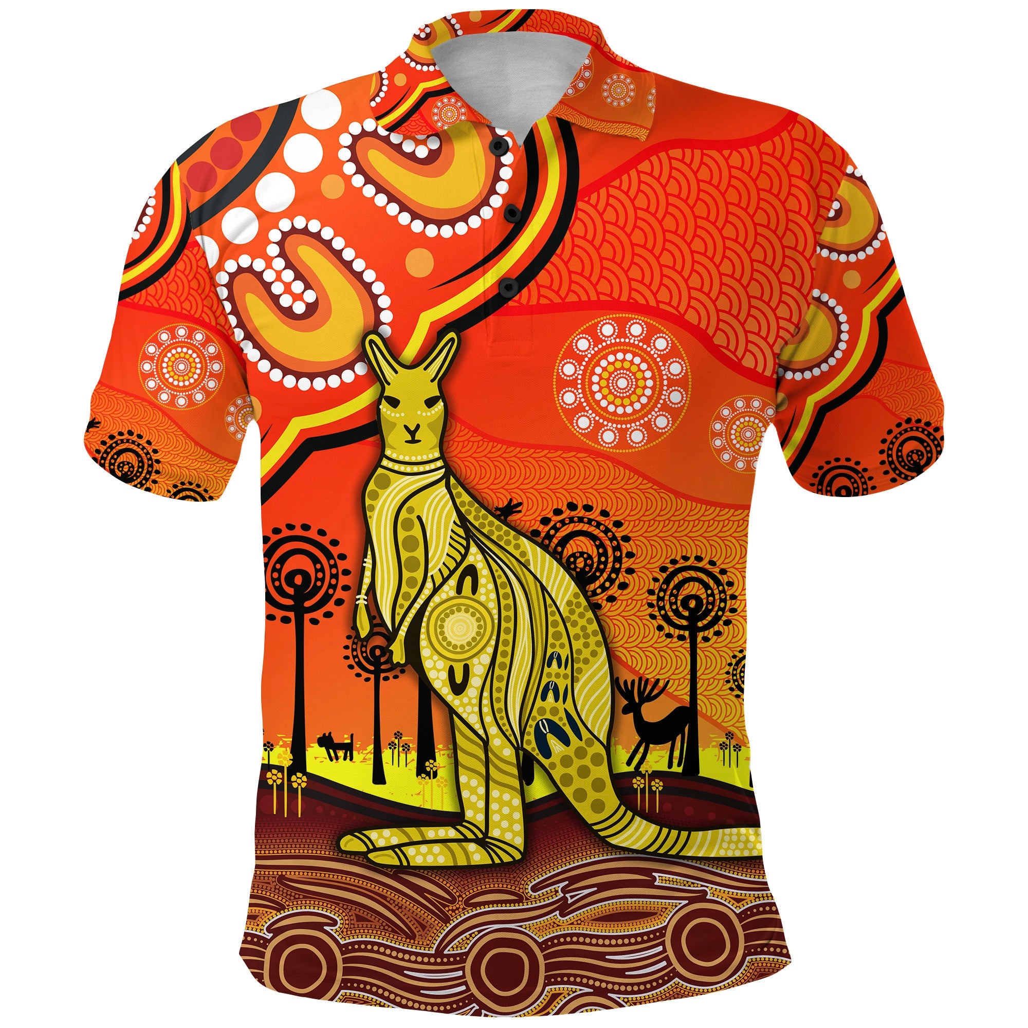 custom-personalised-aboriginal-art-kangaroo-polo-shirt-indigenous-unique-vibes-orange