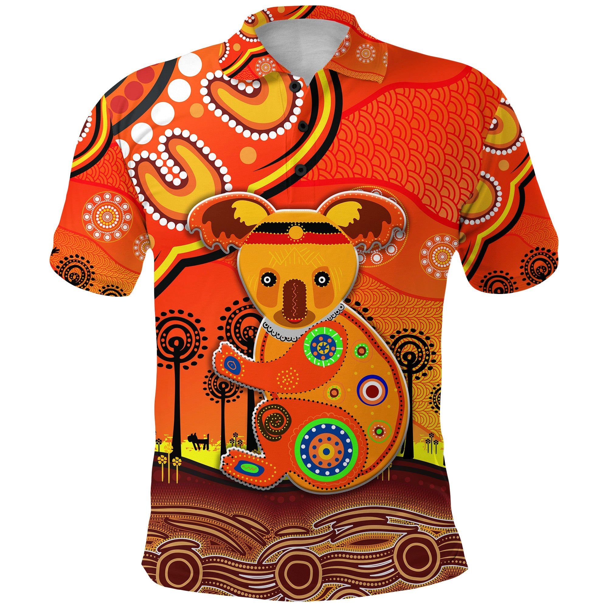 custom-personalised-aboriginal-art-koala-polo-shirt-indigenous-unique-vibes-orange