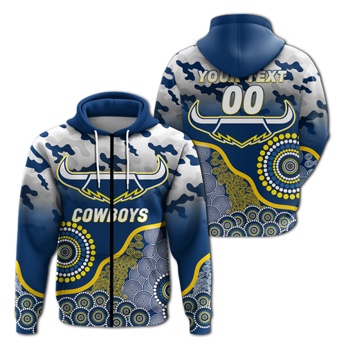 (Custom Personalised) Cowboys Rugby ANZAC Day Camouflage Indigenous Art Hoodie - LT12