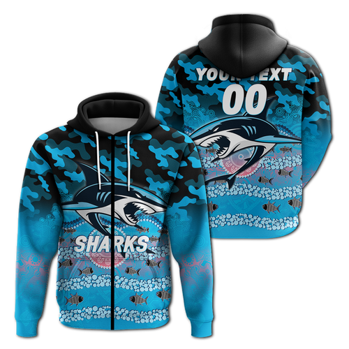 (Custom Personalised) Sharks Rugby ANZAC Day Camouflage Indigenous Art Hoodie - LT12
