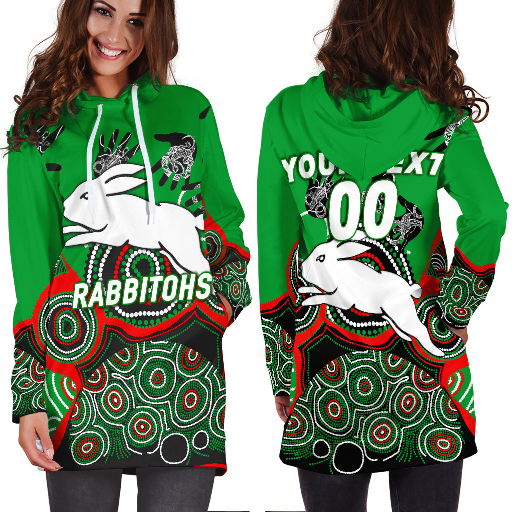 (Custom Personalised) Rabbitohs Rugby Aboriginal Art Hoodie Dress - LT12