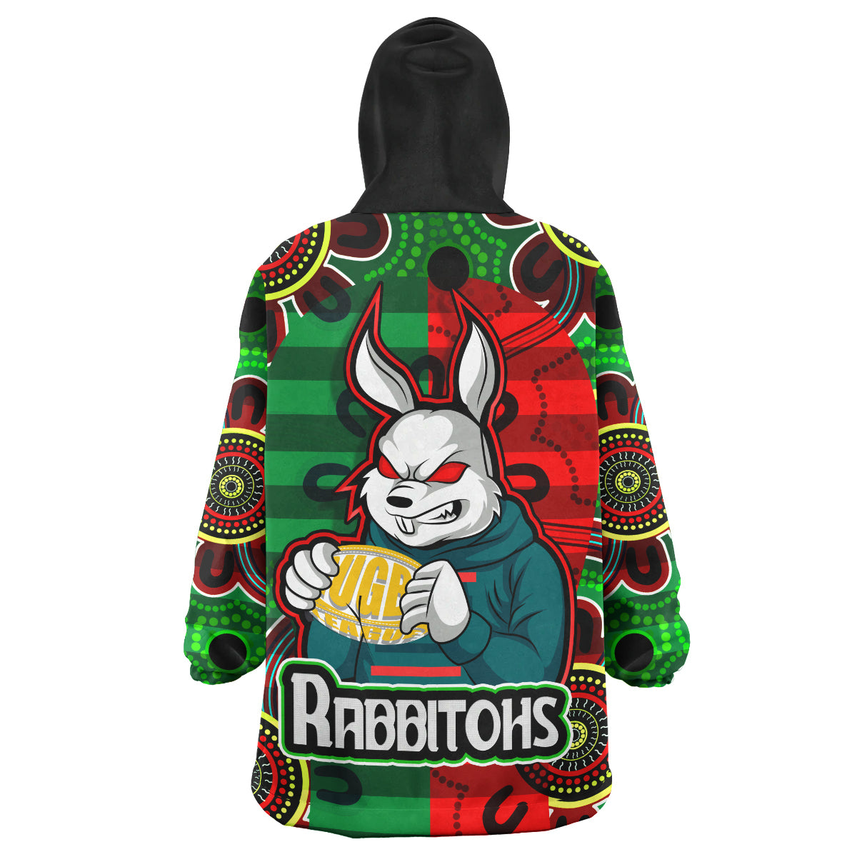 rabbitohs-rugby-snug-hoodie-custom-rabbitohs-with-rugby-ball-aboriginal-style-of-dot-painting-patterns-custom-oodie-blanket