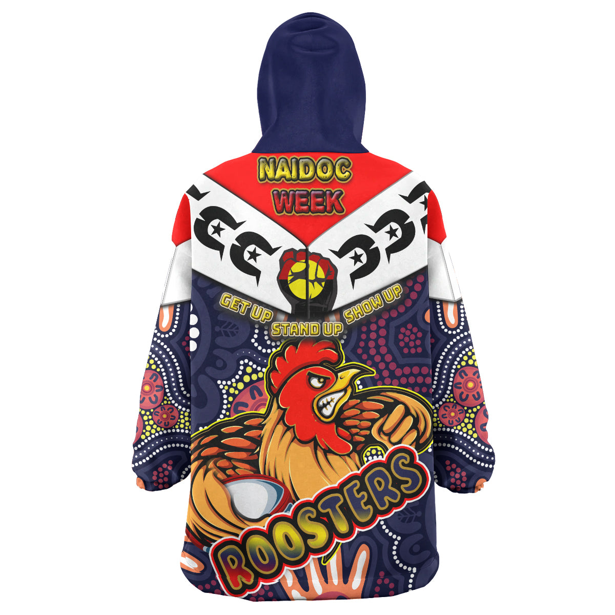 roosters-rugby-snug-hoodie-custom-naidoc-week-roosters-rugby-ball-with-aboriginal-dot-painting-pattern-oodie-blanket