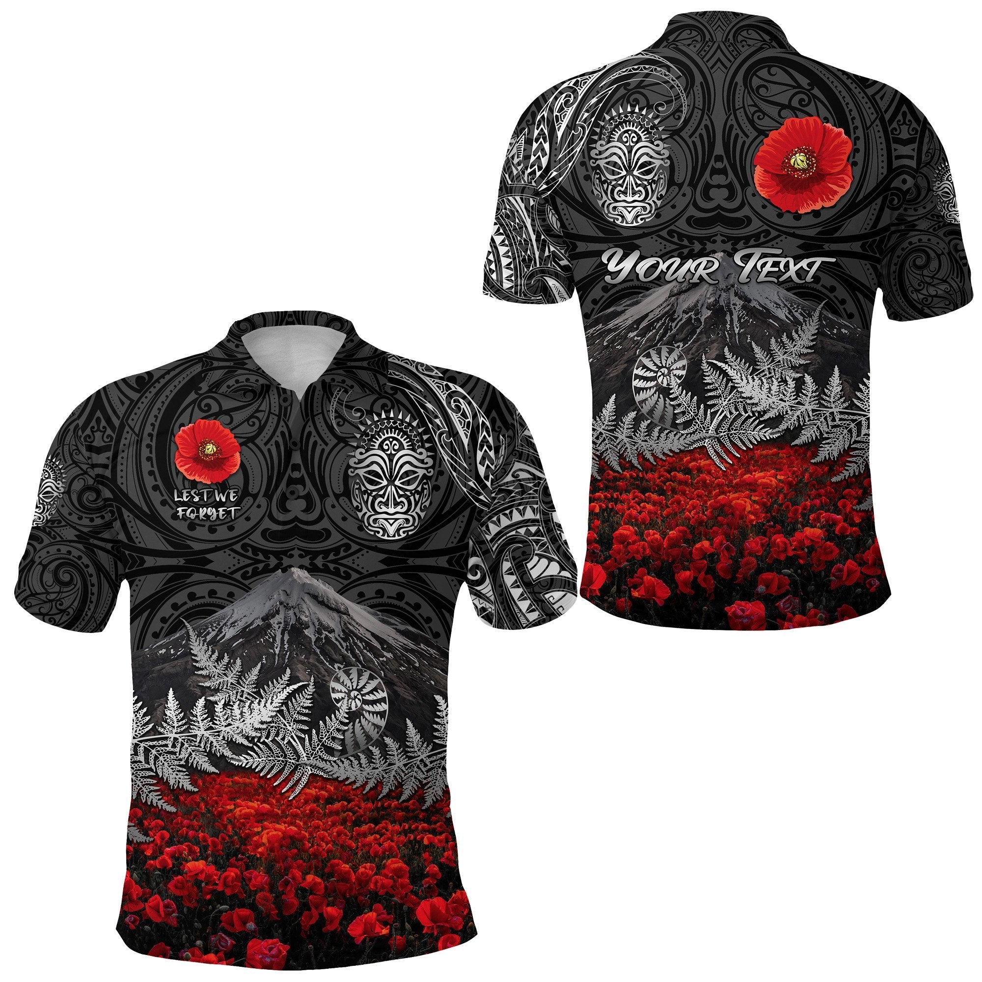 custom-personalised-warriors-rugby-polo-shirt-new-zealand-mount-taranaki-with-poppy-flowers-anzac-vibes-black-3
