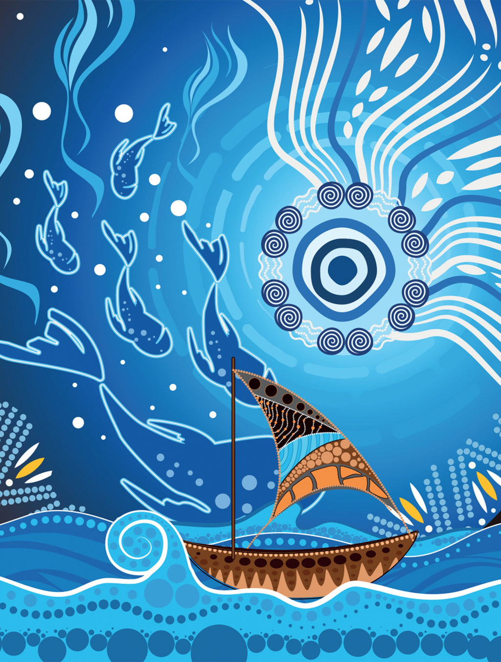 premium-blanket-aboriginal-view-sea-with-fish-and-boat