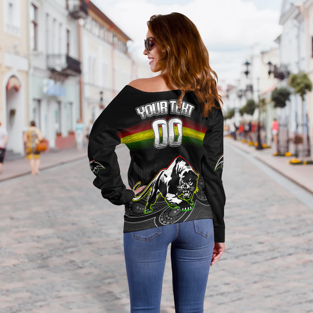 (Custom Personalised) Black Panthers Rugby League Aboriginal Women Off Shoulder Sweater - LT2