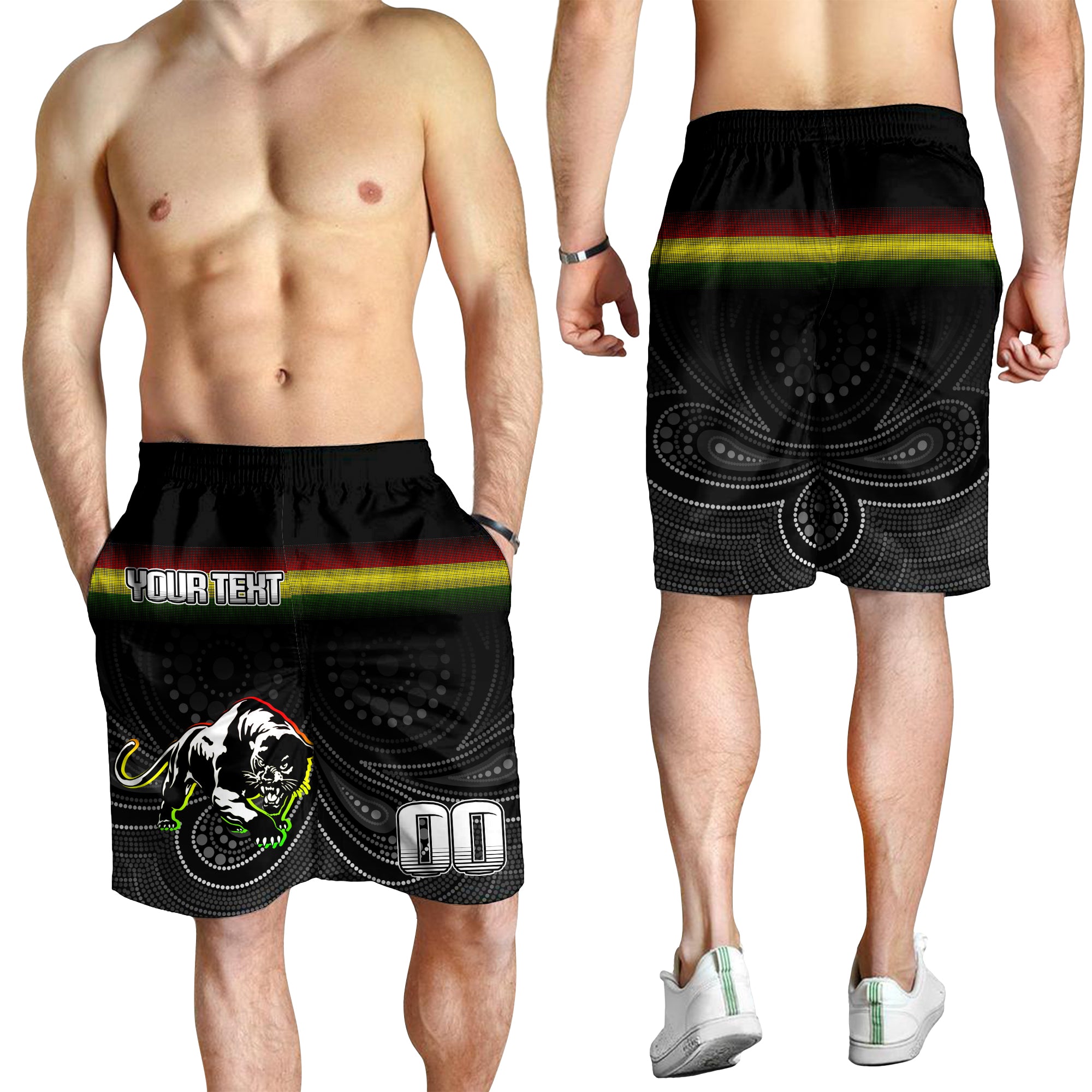 (Custom Peronalised) Black Panthers Rugby League Aboriginal Men Short - LT2