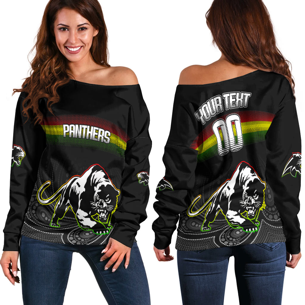 (Custom Personalised) Black Panthers Rugby League Aboriginal Women Off Shoulder Sweater - LT2