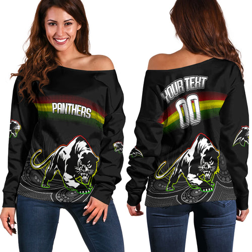 (Custom Personalised) Black Panthers Rugby League Aboriginal Women Off Shoulder Sweater - LT2