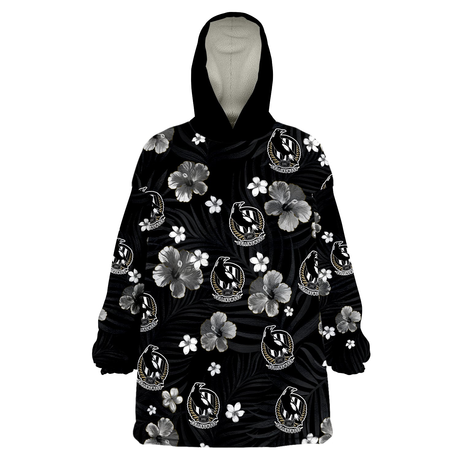 custom-personalised-magpies-football-collingwood-premiers-tropical-flowers-simple-wearable-blanket-hoodie
