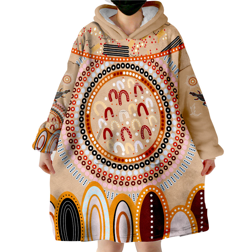 custom-text-and-number-aboriginal-stand-up-circle-dot-with-lizard-version-peachpuff-wearable-blanket-hoodie