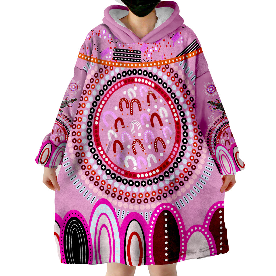 custom-text-and-number-aboriginal-stand-up-circle-dot-with-lizard-version-pink-wearable-blanket-hoodie