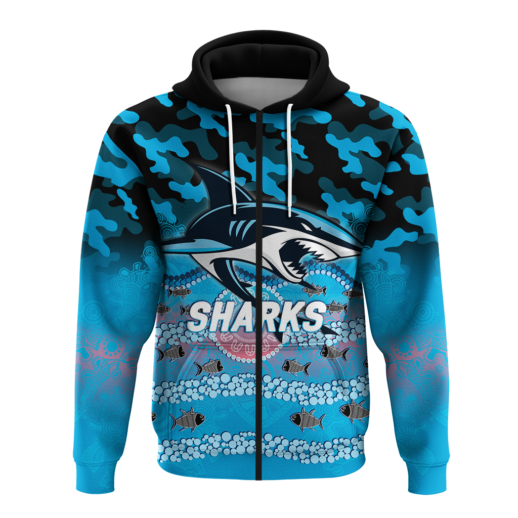 (Custom Personalised) Sharks Rugby ANZAC Day Camouflage Indigenous Art Hoodie - LT12