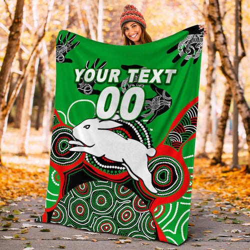 (Custom Personalised) Rabbitohs Rugby Aboriginal Art Blanket - LT12