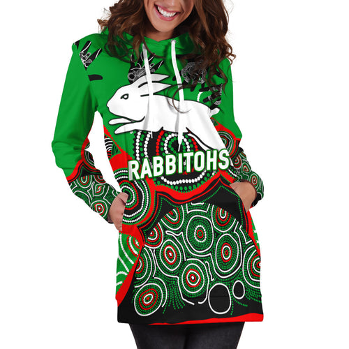 (Custom Personalised) Rabbitohs Rugby Aboriginal Art Hoodie Dress - LT12