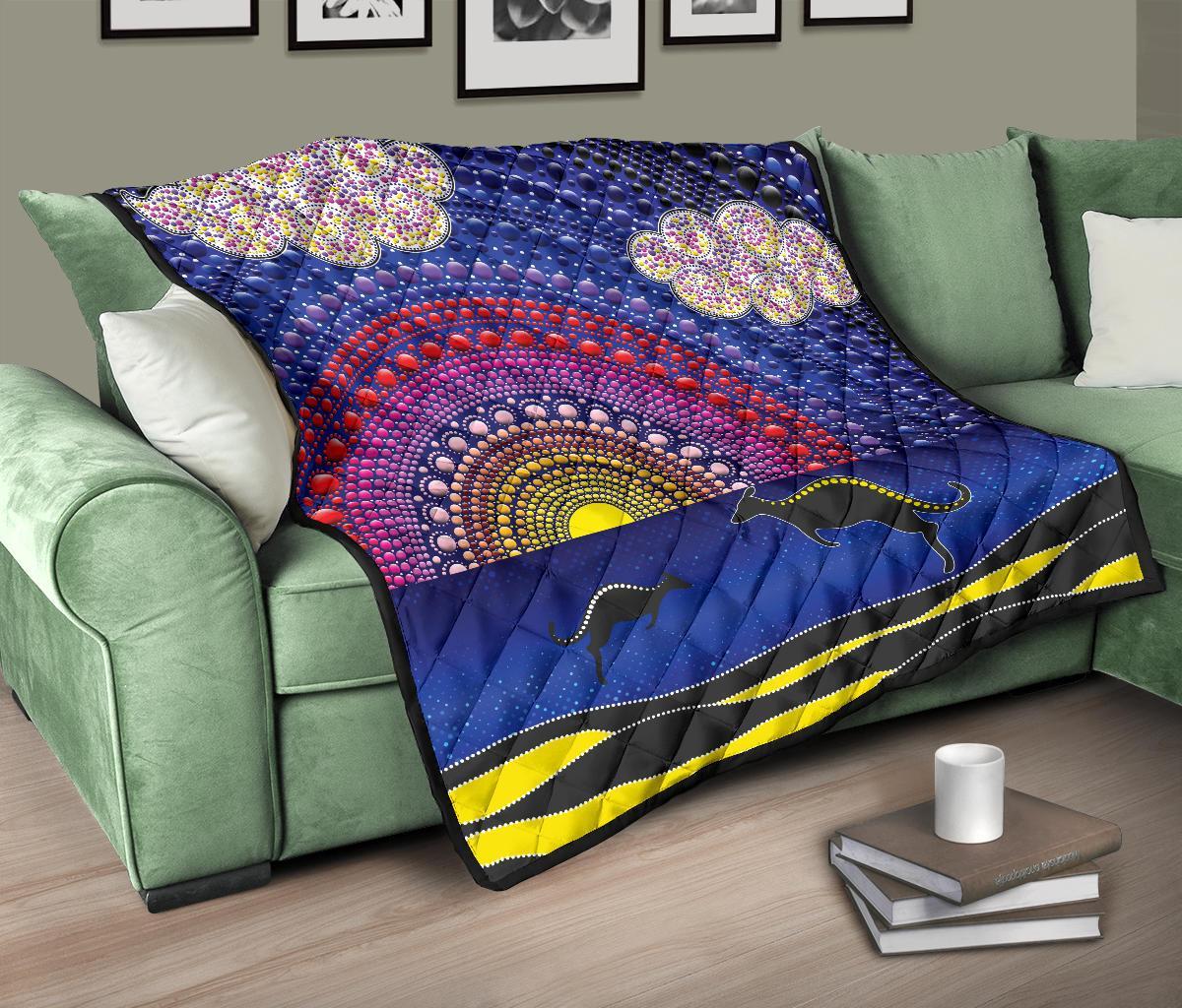 aboriginal-premium-quilt-sunset-over-the-sea-and-kangaroo-dot-painting