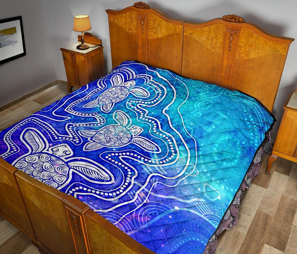 aboriginal-premium-quilt-sea-turtle-with-indigenous-patterns-blue