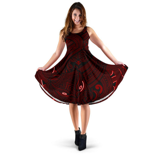 New Zealand Maori Gods Women Midi Dress Tumatauenga (God of War) - Red - Vibe Hoodie