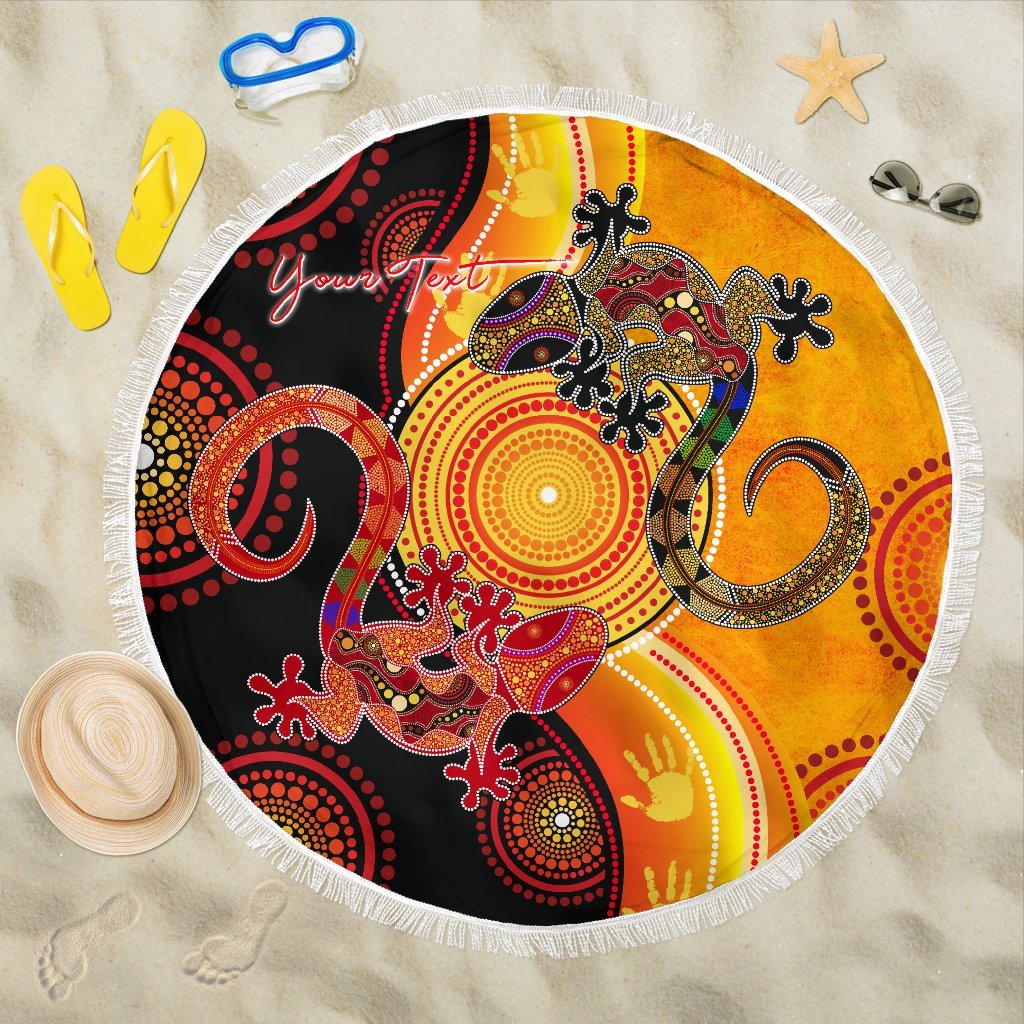 aboriginal-personalised-beach-blanket-couple-aboriginal-lizards