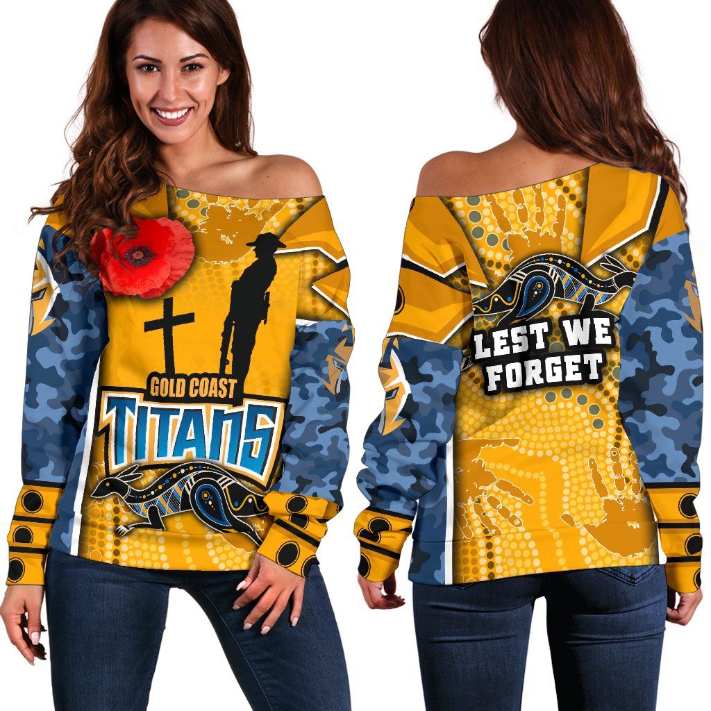 Titans Women's Off Shoulder Sweater Gold Coast Anzac Day Armor Version - Vibe Hoodie
